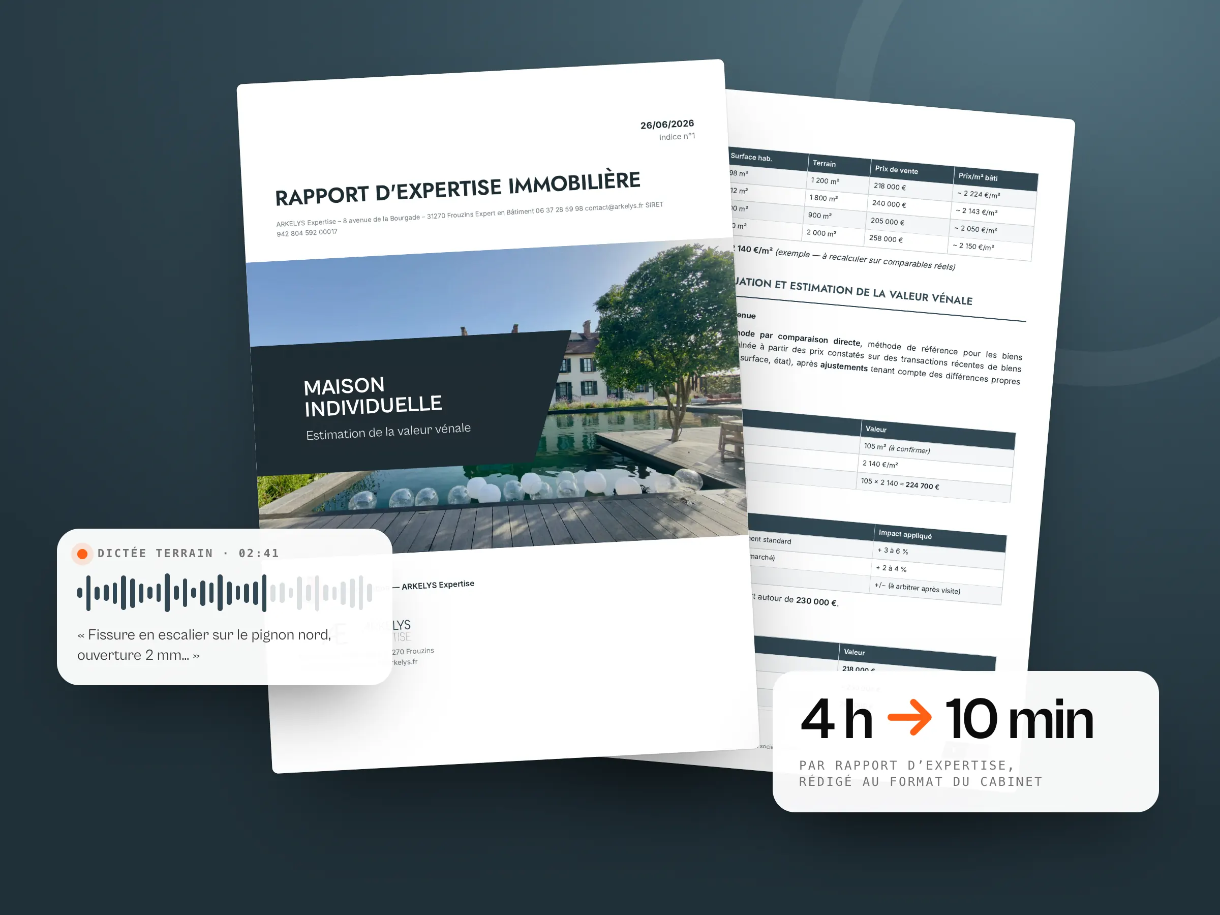 ARKELYS Expertise : un rapport d’expertise généré au format du cabinet à partir de la dictée terrain, 4 h ramenées à 10 min